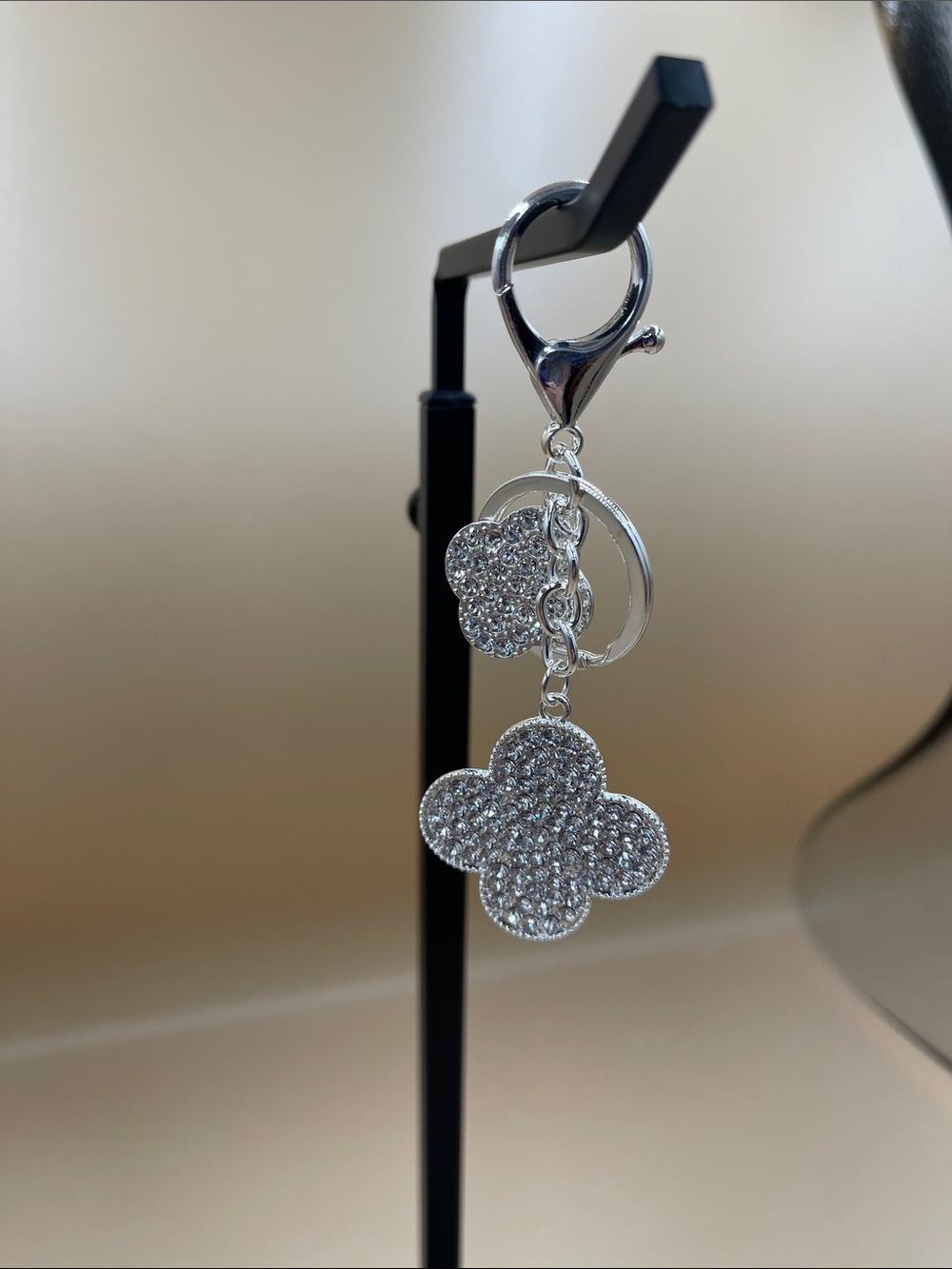 Silver Crystal Double Clover Keychain or bag Charm